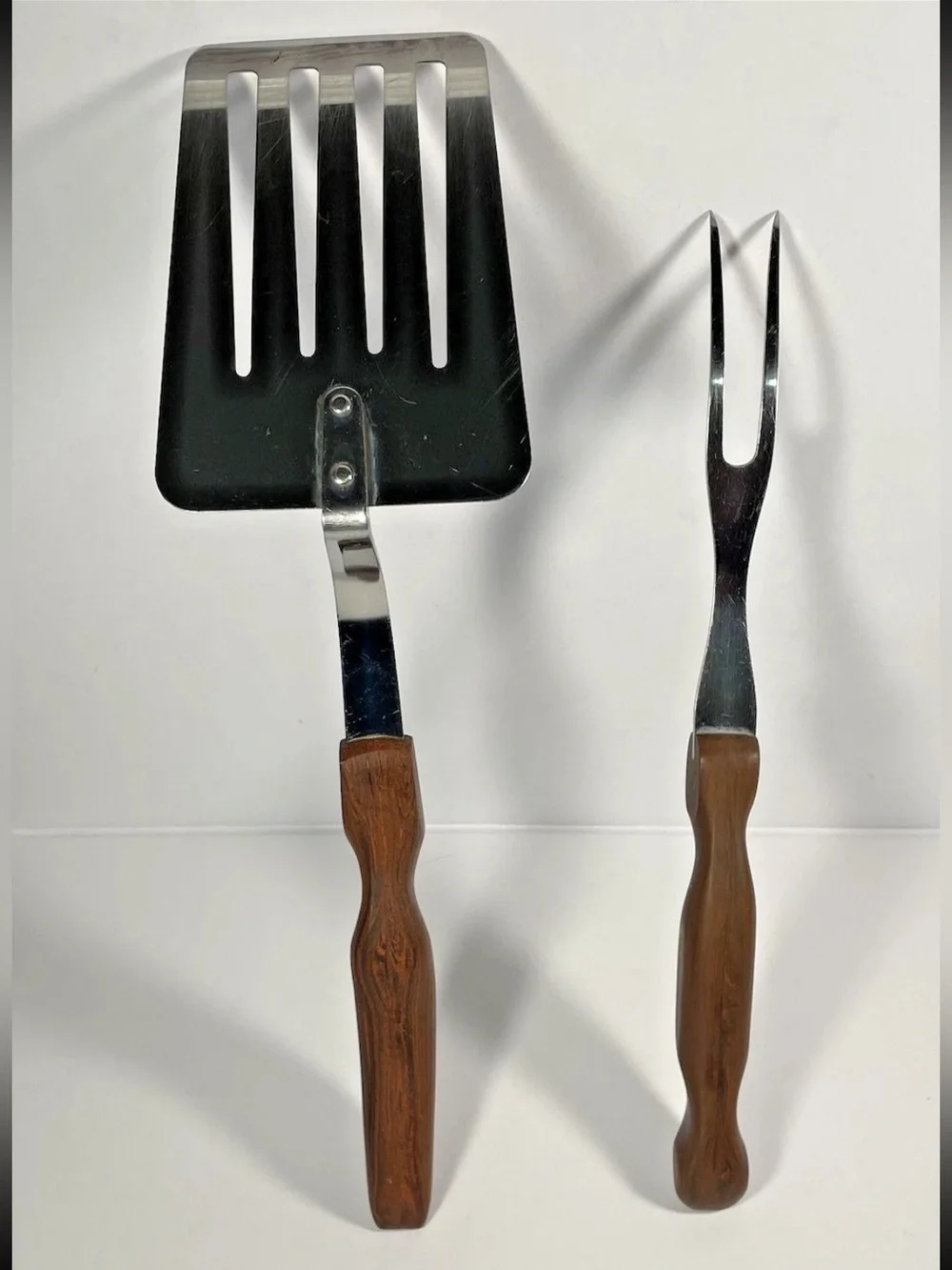 Vintage CUTCO Slotted Turner No. 16 & Carving Fork No. 26-Brown Swirl Handle-USA